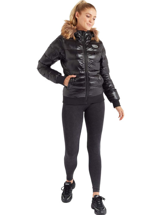 Capalo Scurtă Jachetă de femei Puffer cu glugă de blană Negru