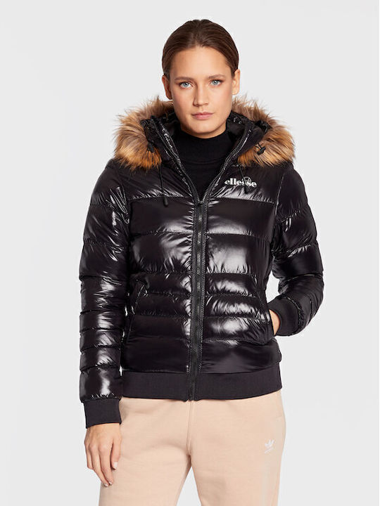 Capalo Scurtă Jachetă de femei Puffer cu glugă de blană Negru
