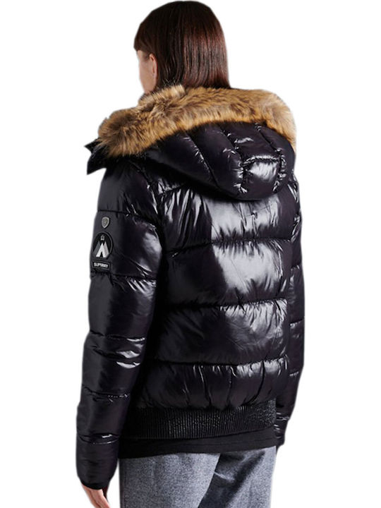 High Shine Toya Κοντό Γυναικείο Puffer Μπουφάν με Γούνινη Κουκούλα για Χειμώνα Μαύρο