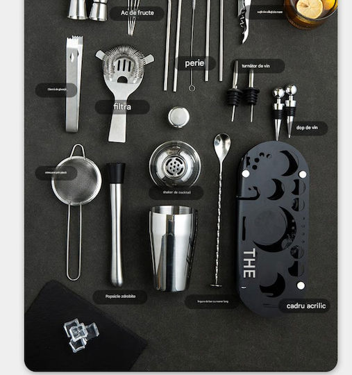 Arvada Shakerpro Mc-ykl23 Kit Complet Pentru Barmani Suport Acrilic 23 Bucăți 500 Ml Dimensiuni 19x12x30.5 Cm Set Pentru Barmani Preparare Băuturi Oțel Inoxidabil