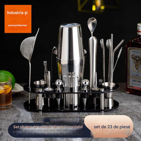 Arvada Shakerpro Mc-ykl23 Kit Complet Pentru Barmani Suport Acrilic 23 Bucăți 700/600 Ml Dimensiuni 19x12x30.5 Cm Set Pentru Barmani Preparare Băuturi Oțel Inoxidabil