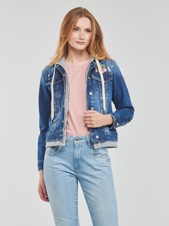 Jacksonville Women's Short Jean Jacket for Spring or Autumn with Hood Blue