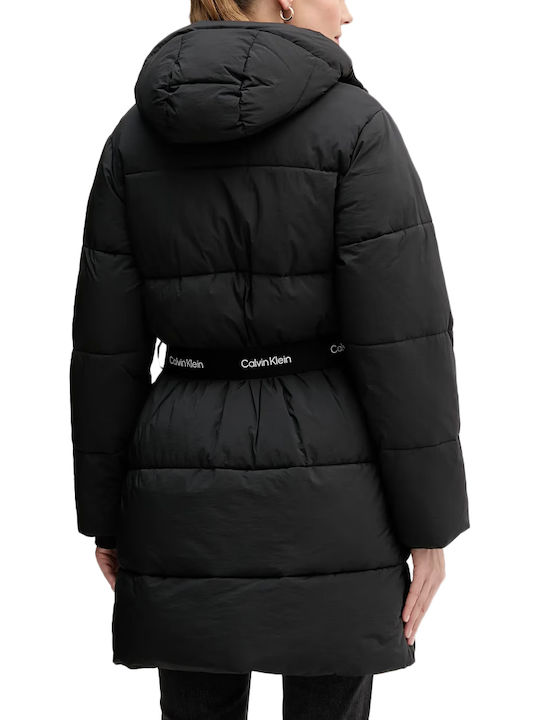 Women's Long Puffer Jacket Waterproof and Windproof for Winter with Hood Black