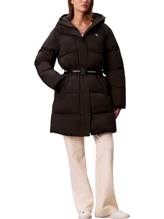 Women's Long Puffer Jacket Waterproof and Windproof for Winter with Hood Black
