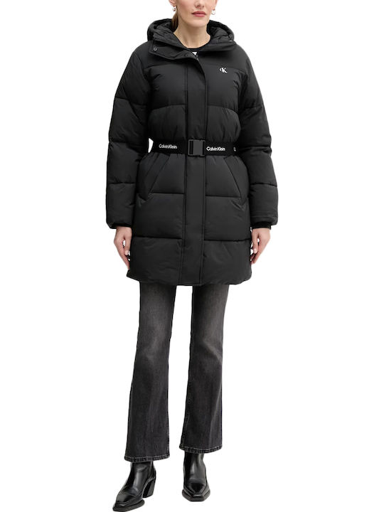 Women's Long Puffer Jacket Waterproof and Windproof for Winter with Hood Black