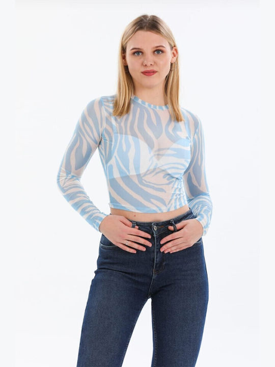 Bluza Damă De Vară Crop Top Mânecă Lungă Animal Print Albastru