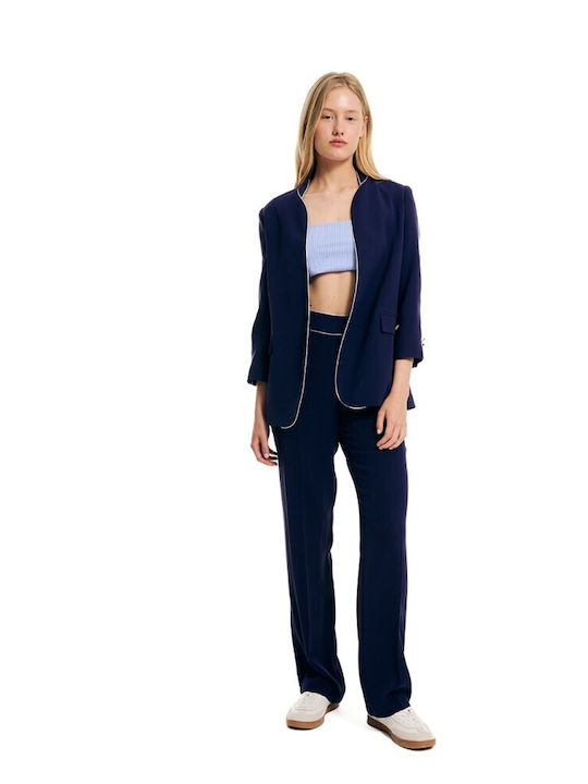 Women's High-waisted Fabric Trousers Straight Line Darkblue