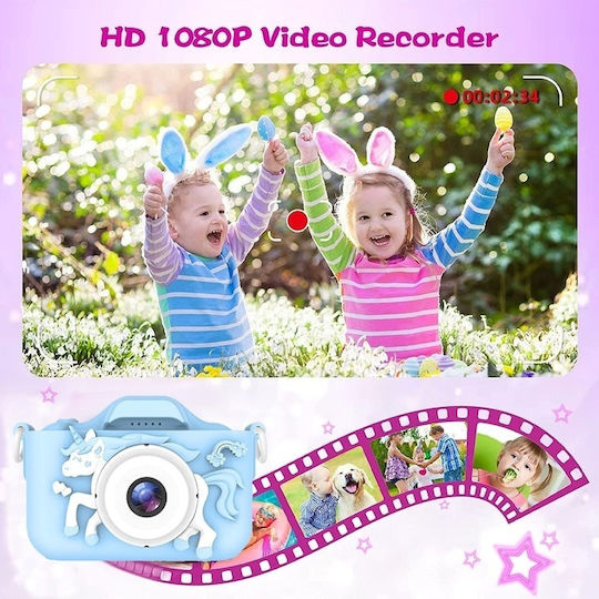 Digitale Kamera Kinder Silikonhülle Einhorn-Design USB-Kabel Tragriemen Spiele Verschiedene Foto Rahmen Blau