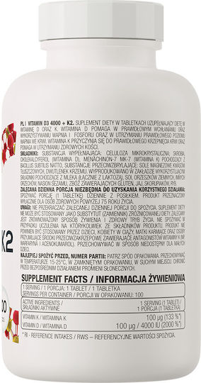 OstroVit Vitamin D3 4000 + K2 Βιταμίνη για Ενίσχυση του Ανοσοποιητικού & την Υγεία των Οστών 4000iu 100 ταμπλέτες
