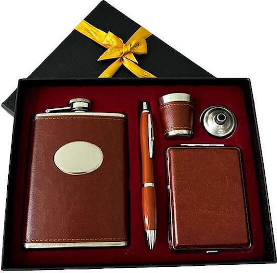 Vlv Herren Geschenkset 5 Teile Trinkflasche Stift Glas Trichter Zigarettenetui Braune