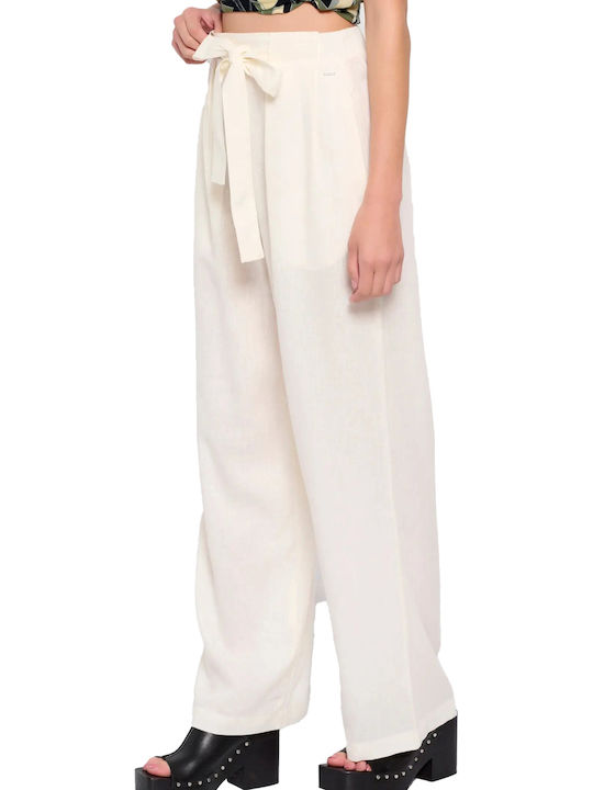 FBL007-11402 Femei Talie înaltă Din material textil Pantaloni cu elastic cu Croială Largă Off White