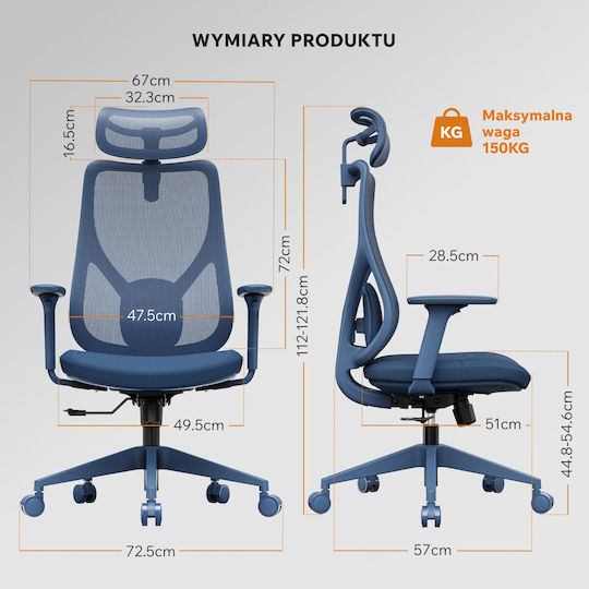 SENSE7 Moyo Офис Стол С Регулируеми Подлакътници Тъмносин