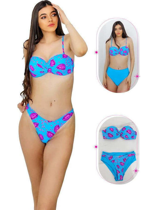 Set Bikini 3 Τεμαχίων Push Up Ψηλόμεσο Μπλε