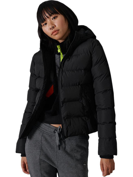 Women's Short Puffer Jacket for Winter with Hood Black