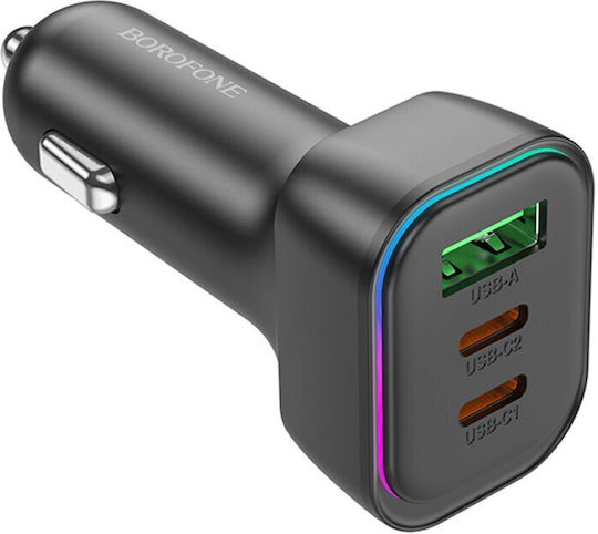 Borofone Auto-Ladegerät 60W 3A Schnellladung mit Anschlüssen: 1xUSB 2xType-C Schwarz Farbe