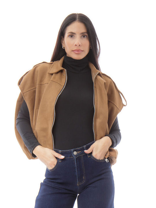 Suede Γυναικείο Αμάνικο Μπουφάν για Χειμώνα Camel