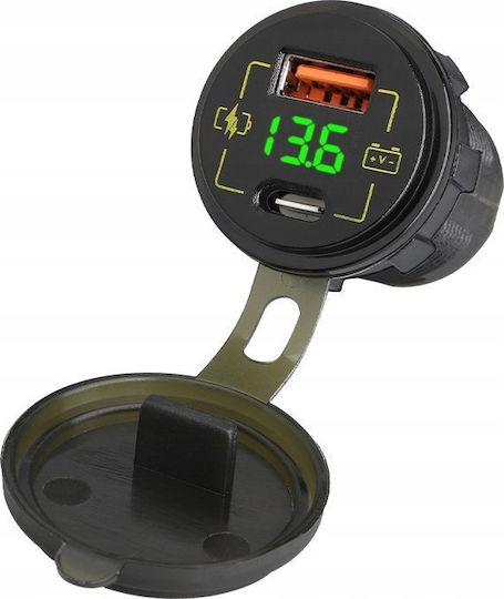 Blow Auto-Ladegerät 4A mit Anschlüssen: 1xUSB 1xType-C und Voltmeter Schwarz Farbe