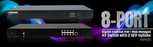 Intellinet 8-Port Gigabit Ethernet PoE+ Web-Managed Управление на L2 Switch с 8 Портове Гигабитови (1Gbps) Ethernet и 2 SFP Портове