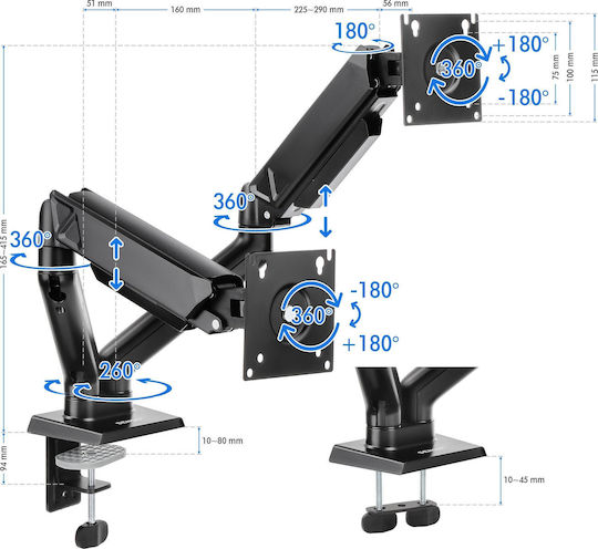 SENSE7 Hang Double Επιτραπέζια Βάση για 2 Οθόνες έως 32" με Βραχίονα