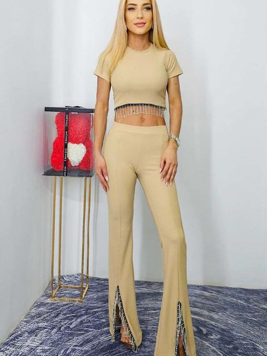 Damen Cream Set mit Hose Gestreift