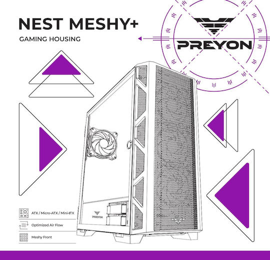 Preyon Nest Meshy+ Gaming Midi-Turm Computergehäuse mit Seitenfenster und RGB-Beleuchtung Schwarz