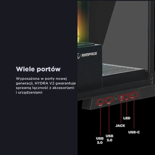 Rampage Hydra V2 Gaming Midi Tower Computer Case with Side Window Black
