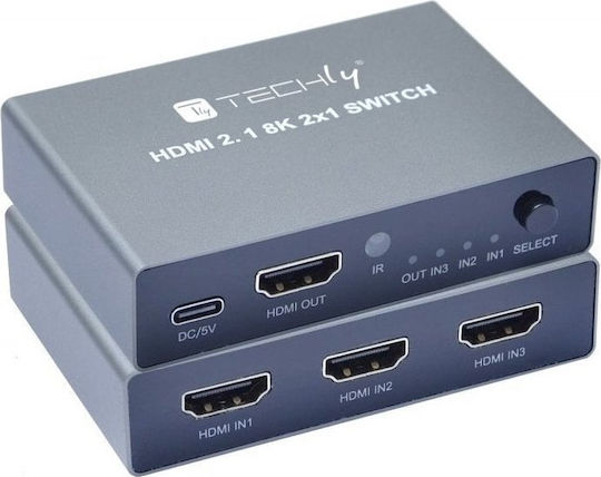 Techly AV Adapter Techly 3-Port HDMI 2.1 Switch 8K*60Hz 3x1 IR Remote 12615312 8059018365511