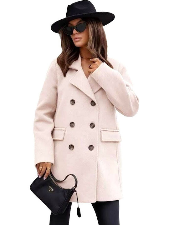Wool Women's Leopard Cream Coat Oversized with Fur Details