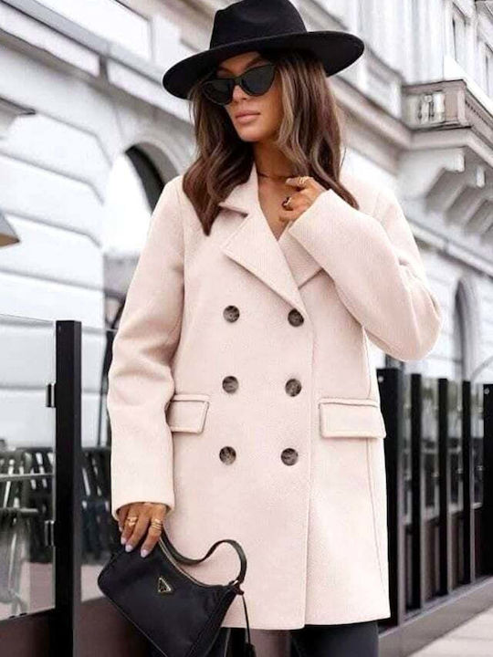 Wool Women's Leopard Cream Coat Oversized with Fur Details