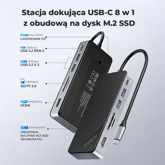 Orico 8-in-1 USB-C Docking Station με HDMI 4K PD Ethernet Μαύρο