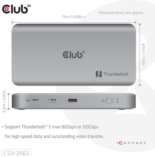 Club3D Thunderbolt 5 Докинг станция с 4K PD Сив (CSV-2563)