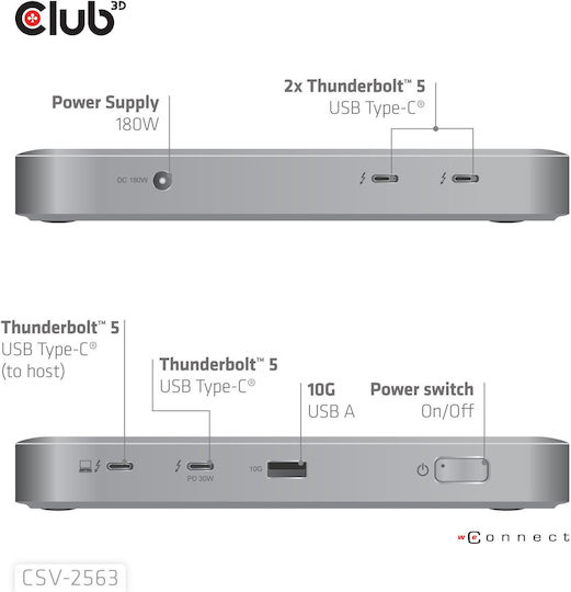 Club3D Thunderbolt 5 Докинг станция с 4K PD Сив (CSV-2563)