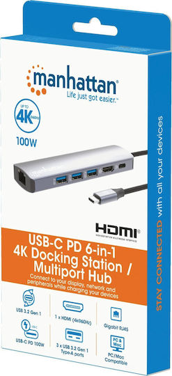 Manhattan USB-C Docking Station με HDMI 4K PD Ethernet Ασημί (153959)