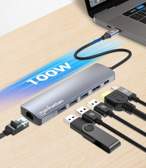 Manhattan USB-C Docking Station με HDMI 4K PD Ethernet Ασημί (153959)