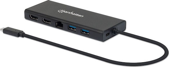 Manhattan USB-C Docking Station με HDMI 4K PD Ethernet και συνδεση 2 Οθονών Μαύρο (152747)