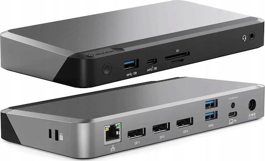 Alogic MX3 USB-C Stație de andocare cu DisplayPort 4K PD Ethernet și conexiune 3 monitoare Gri