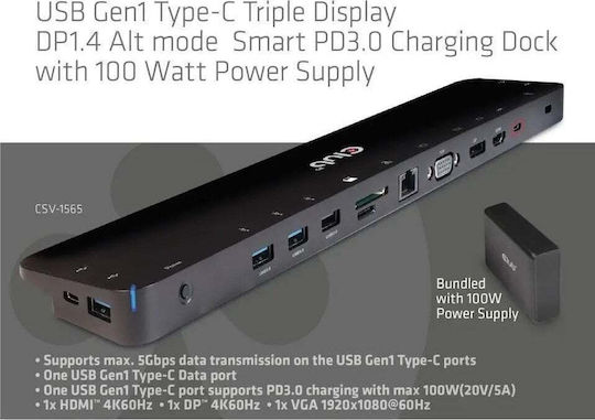 Club3D USB-C / USB-A Docking Station με 4K PD Ethernet Μαύρο (CSV-1565)