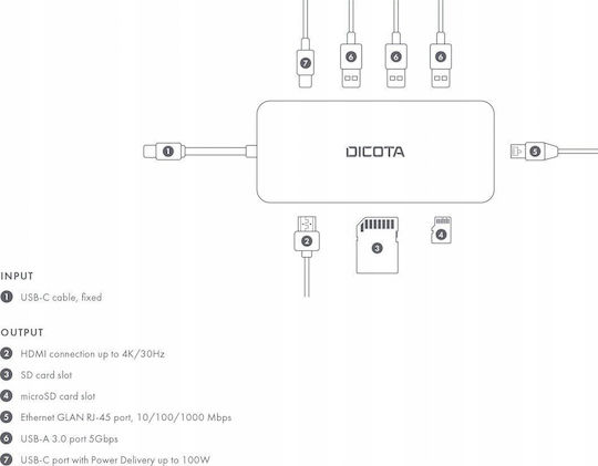 Dicota USB-C Docking Station με DisplayPort 4K PD Ethernet Ασημί (D32062)