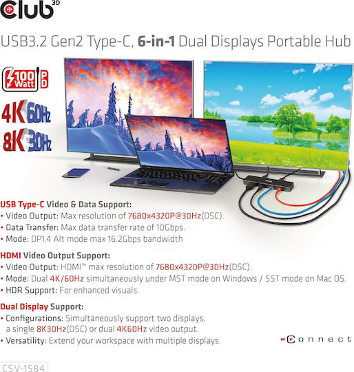 Club3D USB-C Stație de andocare cu HDMI 4K PD Ethernet și conexiune 2 monitoare Negru (CSV-1584)