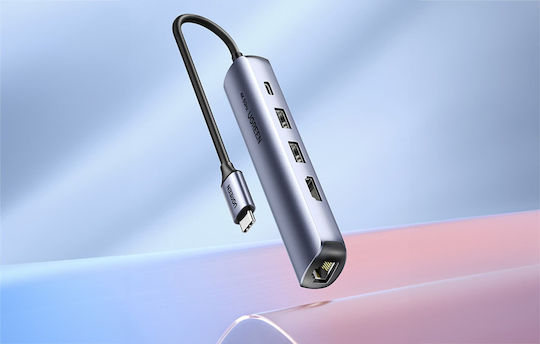Ugreen CM418 USB-C Докинг станция с HDMI 4K PD Ethernet Сив