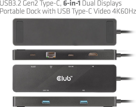 Club3D USB-C Stație de andocare cu HDMI 4K PD Ethernet și conexiune 2 monitoare Negru (CSV-1584)