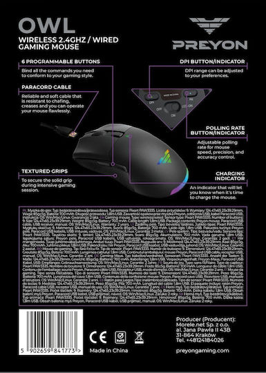 Preyon Owl Ασύρματο RGB Gaming Ποντίκι 16000 DPI Μαύρο