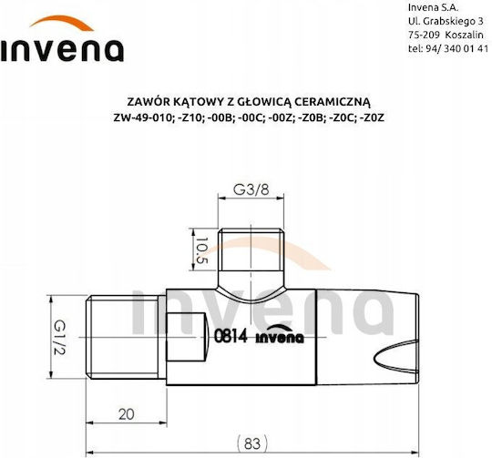 Invena Ъглов Кран Керамична Глава 1 2"x3 8" Бял Zw-49-00b-w
