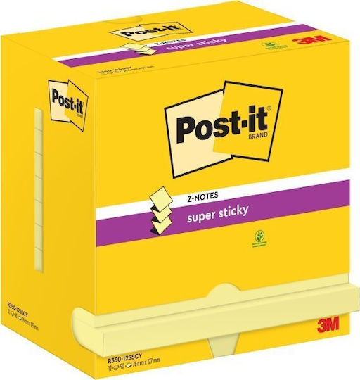 Post-it 3m Самозалепващи Бележки Post-it Super Sticky Z-notes Диспенсър 76x127mm 12x90 Листа Жълти