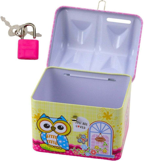 Metal Piggy Bank Owl House Lock Keys Pink