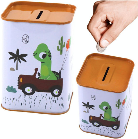 Dinosaur-Knabberschwein In Auto Lernen Zu Sparen Metallisches Weiß 11x8cm