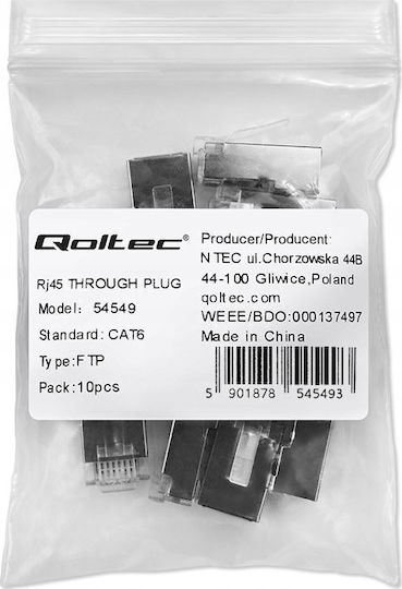 Qoltec Plug Passthrough Socket RJ-45 Cat6 FTP Gold-Plated Contacts 10 Pieces 13940897 5901878545493