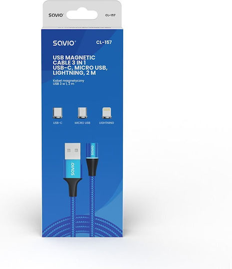 Savio Geflochten / Magnetisch USB zu Blitzschlag / Typ-C,TC-TC / Micro-USB Kabel 3A Blau 2m (CL-157)