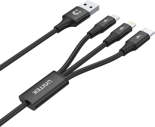 Unitek Braided Cablu USB la Lightning / Type-C / micro USB cu mai multe porturi 2.4A Negru 1.2m (C14049BK)