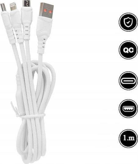 Denmen Denmen D05E Braided USB to Lightning / Type-C / micro USB Cable 2.4A Λευκό 1m